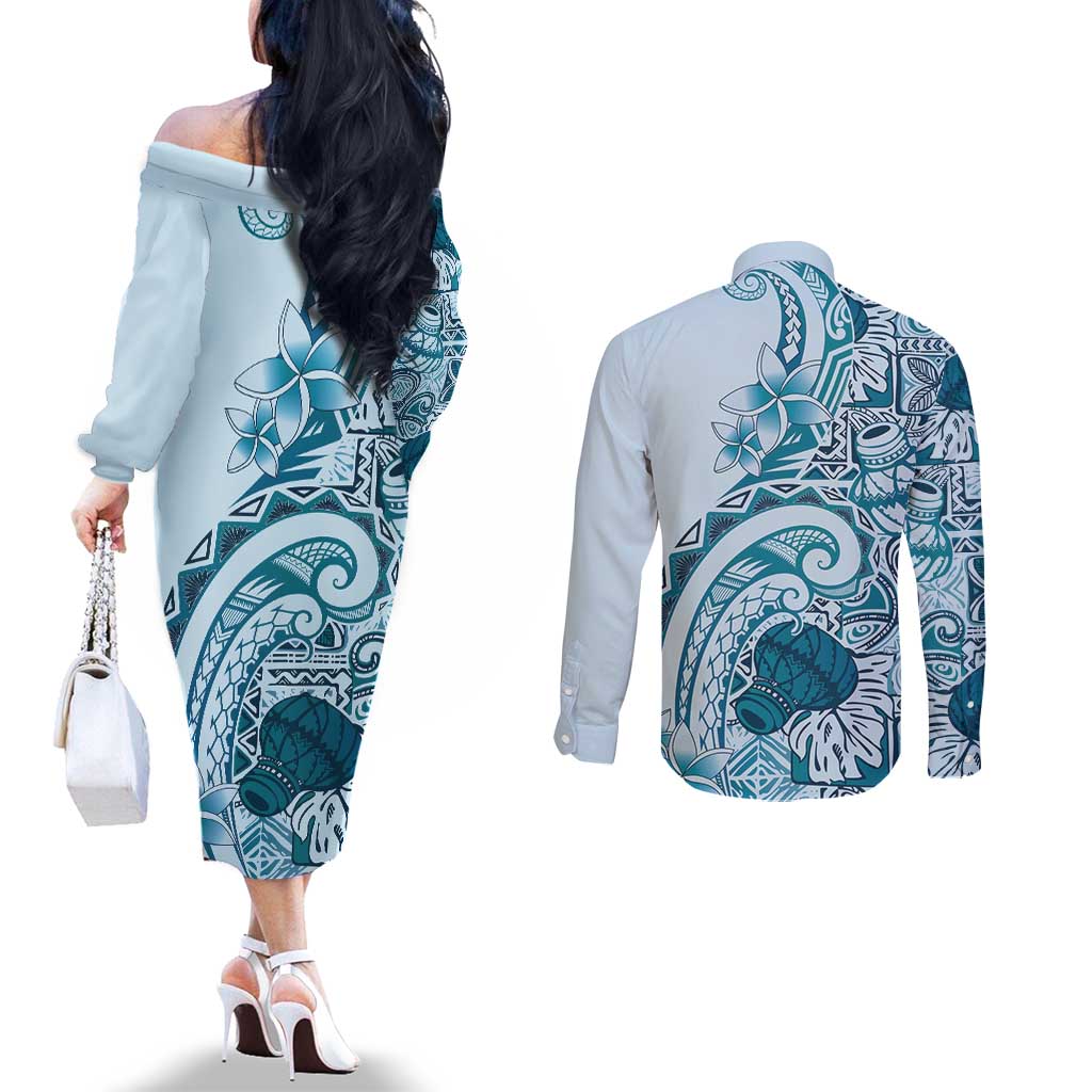 Aloha Hawaii Tapa Couples Matching Off The Shoulder Long Sleeve Dress and Long Sleeve Button Shirt Cool Turquoise Hawaiian Ipu LT7 - Polynesian Pride