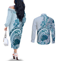 Aloha Hawaii Tapa Couples Matching Off The Shoulder Long Sleeve Dress and Long Sleeve Button Shirt Cool Turquoise Hawaiian Ipu LT7 - Polynesian Pride