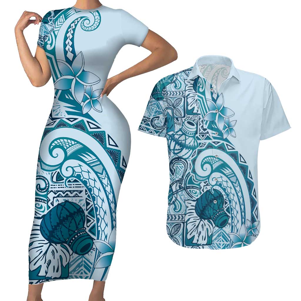 Aloha Hawaii Tapa Couples Matching Short Sleeve Bodycon Dress and Hawaiian Shirt Cool Turquoise Hawaiian Ipu LT7 Turquoise - Polynesian Pride