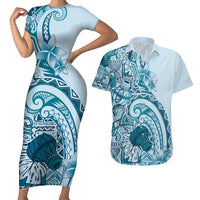 Aloha Hawaii Tapa Couples Matching Short Sleeve Bodycon Dress and Hawaiian Shirt Cool Turquoise Hawaiian Ipu LT7 Turquoise - Polynesian Pride