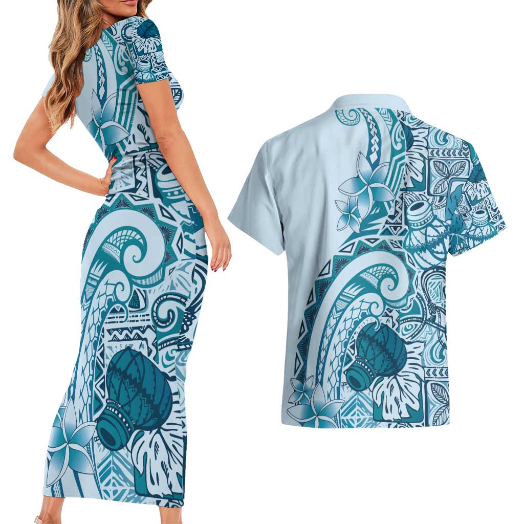 Aloha Hawaii Tapa Couples Matching Short Sleeve Bodycon Dress and Hawaiian Shirt Cool Turquoise Hawaiian Ipu LT7 - Polynesian Pride