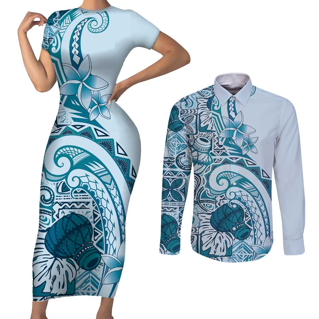 Aloha Hawaii Tapa Couples Matching Short Sleeve Bodycon Dress and Long Sleeve Button Shirt Cool Turquoise Hawaiian Ipu LT7 Turquoise - Polynesian Pride