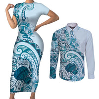 Aloha Hawaii Tapa Couples Matching Short Sleeve Bodycon Dress and Long Sleeve Button Shirt Cool Turquoise Hawaiian Ipu LT7 Turquoise - Polynesian Pride