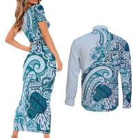 Aloha Hawaii Tapa Couples Matching Short Sleeve Bodycon Dress and Long Sleeve Button Shirt Cool Turquoise Hawaiian Ipu LT7 - Polynesian Pride