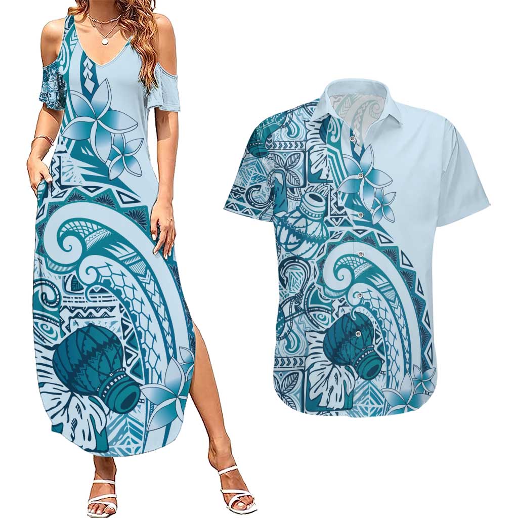 Aloha Hawaii Tapa Couples Matching Summer Maxi Dress and Hawaiian Shirt Cool Turquoise Hawaiian Ipu LT7 Turquoise - Polynesian Pride