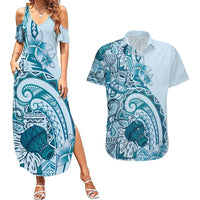 Aloha Hawaii Tapa Couples Matching Summer Maxi Dress and Hawaiian Shirt Cool Turquoise Hawaiian Ipu LT7 Turquoise - Polynesian Pride