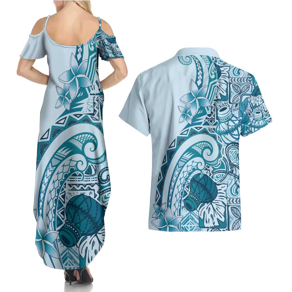 Aloha Hawaii Tapa Couples Matching Summer Maxi Dress and Hawaiian Shirt Cool Turquoise Hawaiian Ipu LT7 - Polynesian Pride