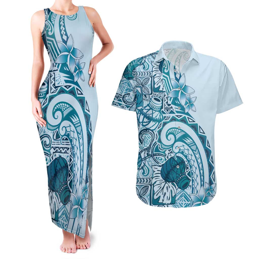 Aloha Hawaii Tapa Couples Matching Tank Maxi Dress and Hawaiian Shirt Cool Turquoise Hawaiian Ipu LT7 Turquoise - Polynesian Pride