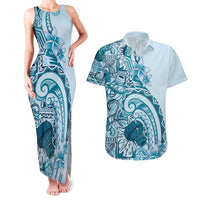 Aloha Hawaii Tapa Couples Matching Tank Maxi Dress and Hawaiian Shirt Cool Turquoise Hawaiian Ipu LT7 Turquoise - Polynesian Pride