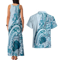 Aloha Hawaii Tapa Couples Matching Tank Maxi Dress and Hawaiian Shirt Cool Turquoise Hawaiian Ipu LT7 - Polynesian Pride