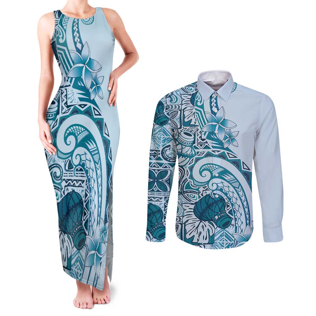 Aloha Hawaii Tapa Couples Matching Tank Maxi Dress and Long Sleeve Button Shirt Cool Turquoise Hawaiian Ipu LT7 Turquoise - Polynesian Pride