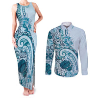 Aloha Hawaii Tapa Couples Matching Tank Maxi Dress and Long Sleeve Button Shirt Cool Turquoise Hawaiian Ipu LT7 Turquoise - Polynesian Pride