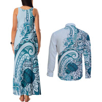 Aloha Hawaii Tapa Couples Matching Tank Maxi Dress and Long Sleeve Button Shirt Cool Turquoise Hawaiian Ipu LT7 - Polynesian Pride