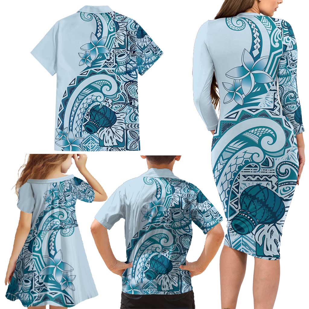 Aloha Hawaii Tapa Family Matching Long Sleeve Bodycon Dress and Hawaiian Shirt Cool Turquoise Hawaiian Ipu LT7 - Polynesian Pride