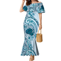 Aloha Hawaii Tapa Family Matching Mermaid Dress and Hawaiian Shirt Cool Turquoise Hawaiian Ipu LT7 Mom's Dress Turquoise - Polynesian Pride