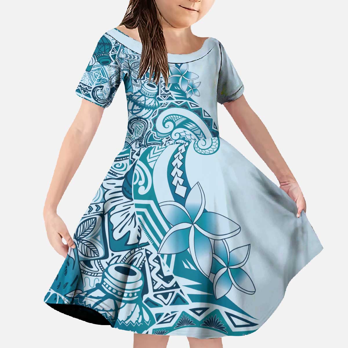 Aloha Hawaii Tapa Family Matching Off The Shoulder Long Sleeve Dress and Hawaiian Shirt Cool Turquoise Hawaiian Ipu LT7 Daughter's Dress Turquoise - Polynesian Pride