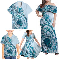 Aloha Hawaii Tapa Family Matching Off Shoulder Maxi Dress and Hawaiian Shirt Cool Turquoise Hawaiian Ipu LT7 - Polynesian Pride