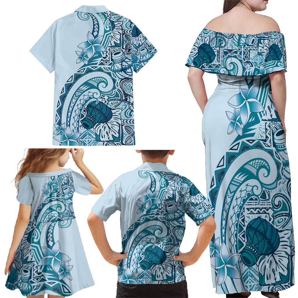 Aloha Hawaii Tapa Family Matching Off Shoulder Maxi Dress and Hawaiian Shirt Cool Turquoise Hawaiian Ipu LT7 - Polynesian Pride
