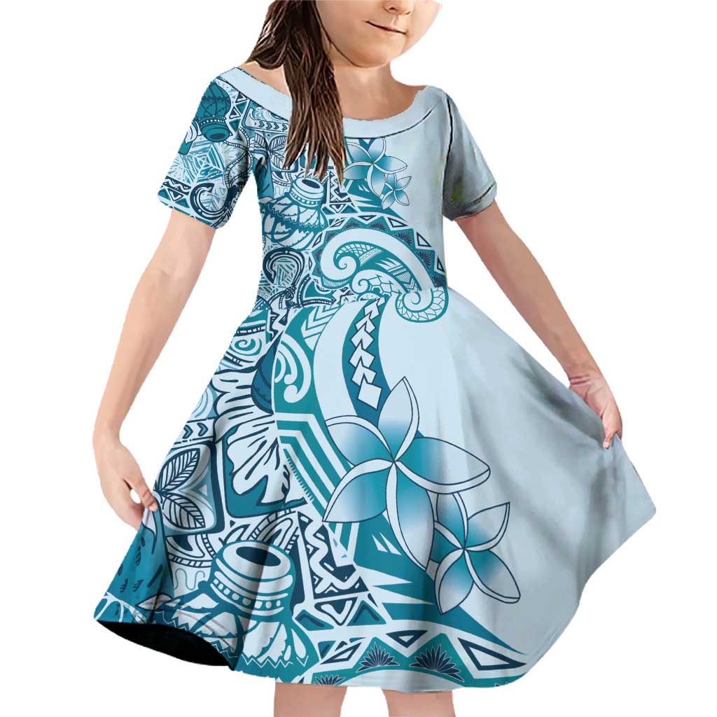 Aloha Hawaii Tapa Family Matching Off Shoulder Short Dress and Hawaiian Shirt Cool Turquoise Hawaiian Ipu LT7 Daughter's Dress Turquoise - Polynesian Pride