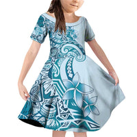 Aloha Hawaii Tapa Family Matching Off Shoulder Short Dress and Hawaiian Shirt Cool Turquoise Hawaiian Ipu LT7 Daughter's Dress Turquoise - Polynesian Pride