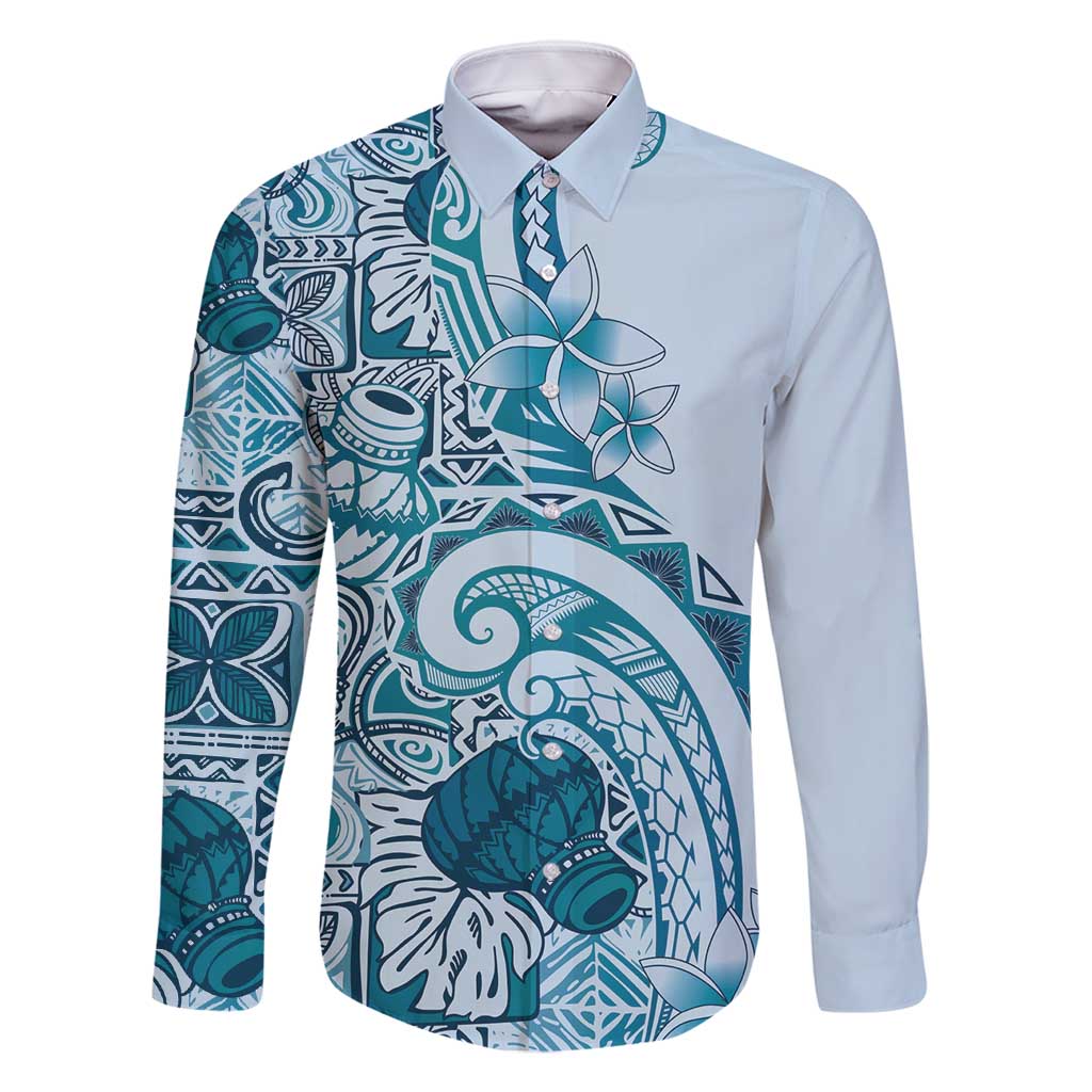 Aloha Hawaii Tapa Family Matching Off Shoulder Short Dress and Hawaiian Shirt Cool Turquoise Hawaiian Ipu LT7 Dad's Shirt - Long Sleeve Turquoise - Polynesian Pride