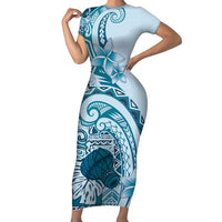 Aloha Hawaii Tapa Family Matching Short Sleeve Bodycon Dress and Hawaiian Shirt Cool Turquoise Hawaiian Ipu LT7 Mom's Dress Turquoise - Polynesian Pride