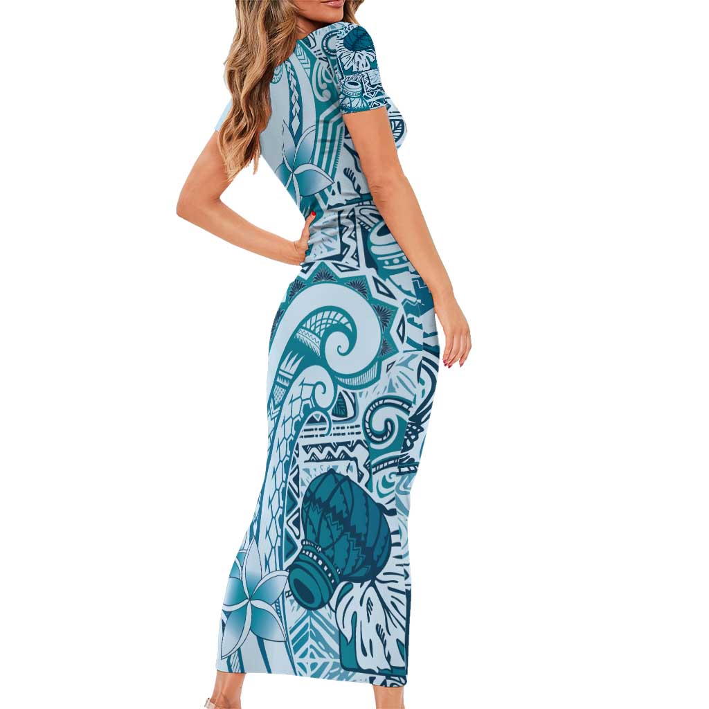 Aloha Hawaii Tapa Family Matching Short Sleeve Bodycon Dress and Hawaiian Shirt Cool Turquoise Hawaiian Ipu LT7 - Polynesian Pride