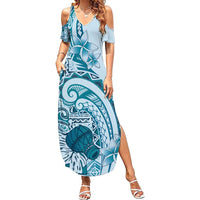 Aloha Hawaii Tapa Family Matching Summer Maxi Dress and Hawaiian Shirt Cool Turquoise Hawaiian Ipu LT7 Mom's Dress Turquoise - Polynesian Pride