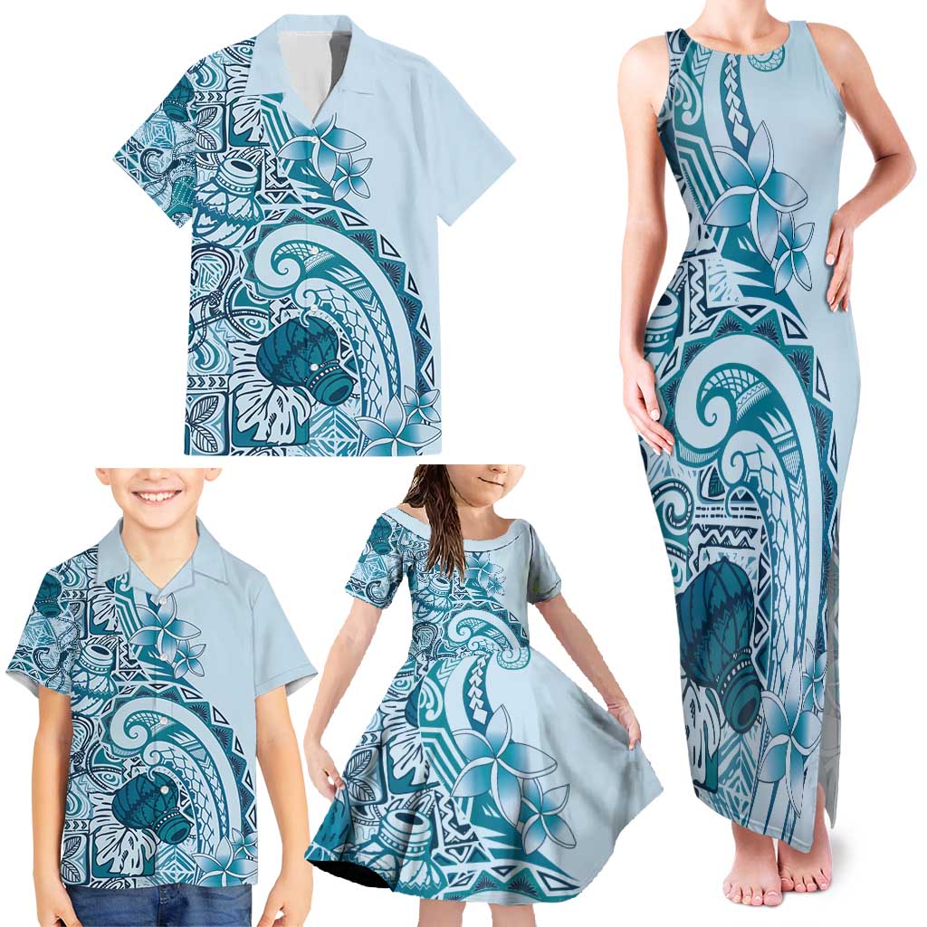 Aloha Hawaii Tapa Family Matching Tank Maxi Dress and Hawaiian Shirt Cool Turquoise Hawaiian Ipu LT7 - Polynesian Pride