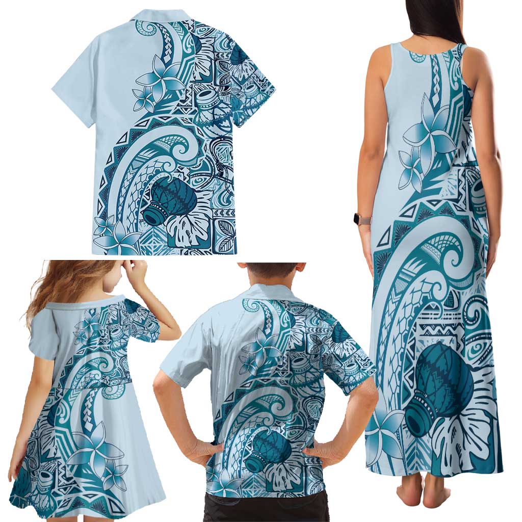 Aloha Hawaii Tapa Family Matching Tank Maxi Dress and Hawaiian Shirt Cool Turquoise Hawaiian Ipu LT7 - Polynesian Pride