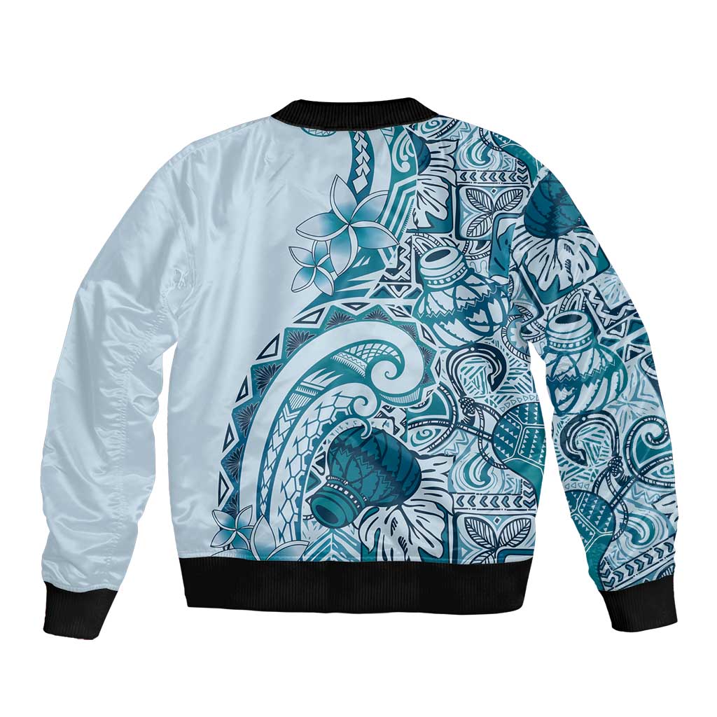 Aloha Hawaii Tapa Sleeve Zip Bomber Jacket Cool Turquoise Hawaiian Ipu - Polynesian Pride