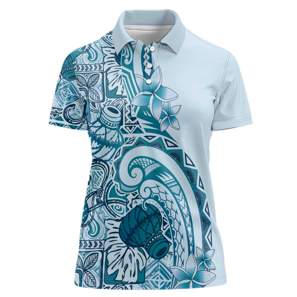 Aloha Hawaii Tapa Women Polo Shirt Cool Turquoise Hawaiian Ipu - Polynesian Pride