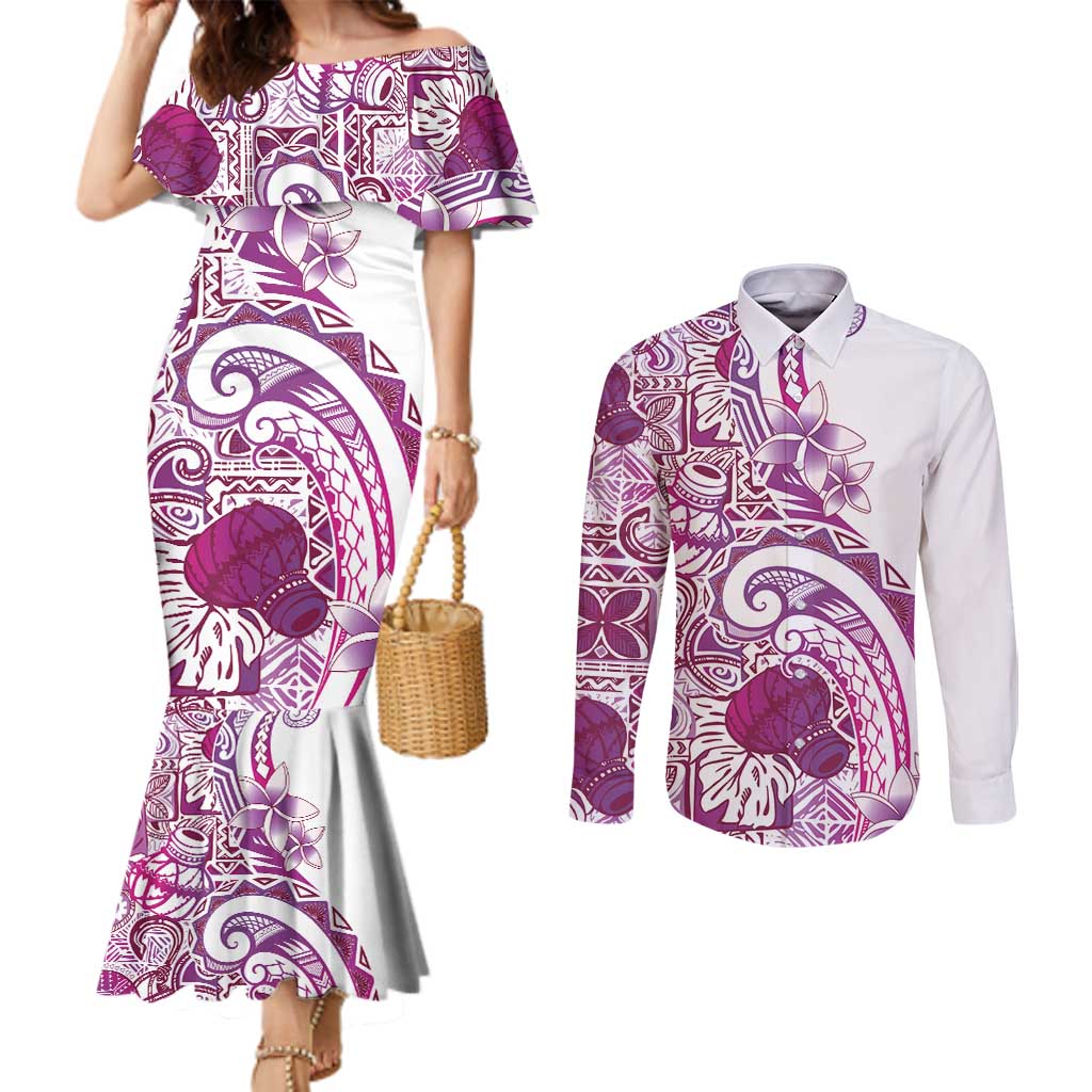 Aloha Hawaii Tapa Couples Matching Mermaid Dress and Long Sleeve Button Shirt Vibrant Fuchsia Hawaiian Ipu LT7 Fuchsia - Polynesian Pride