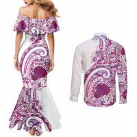 Aloha Hawaii Tapa Couples Matching Mermaid Dress and Long Sleeve Button Shirt Vibrant Fuchsia Hawaiian Ipu LT7 - Polynesian Pride