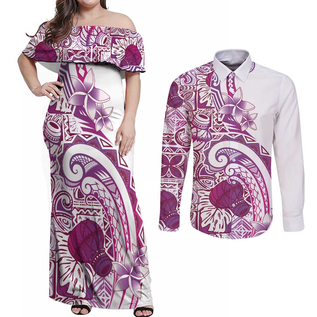 Aloha Hawaii Tapa Couples Matching Off Shoulder Maxi Dress and Long Sleeve Button Shirt Vibrant Fuchsia Hawaiian Ipu LT7 Fuchsia - Polynesian Pride