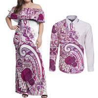 Aloha Hawaii Tapa Couples Matching Off Shoulder Maxi Dress and Long Sleeve Button Shirt Vibrant Fuchsia Hawaiian Ipu LT7 Fuchsia - Polynesian Pride