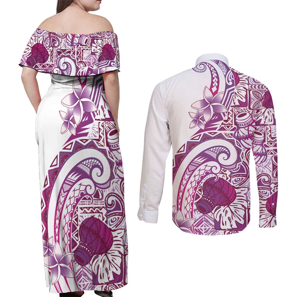 Aloha Hawaii Tapa Couples Matching Off Shoulder Maxi Dress and Long Sleeve Button Shirt Vibrant Fuchsia Hawaiian Ipu LT7 - Polynesian Pride