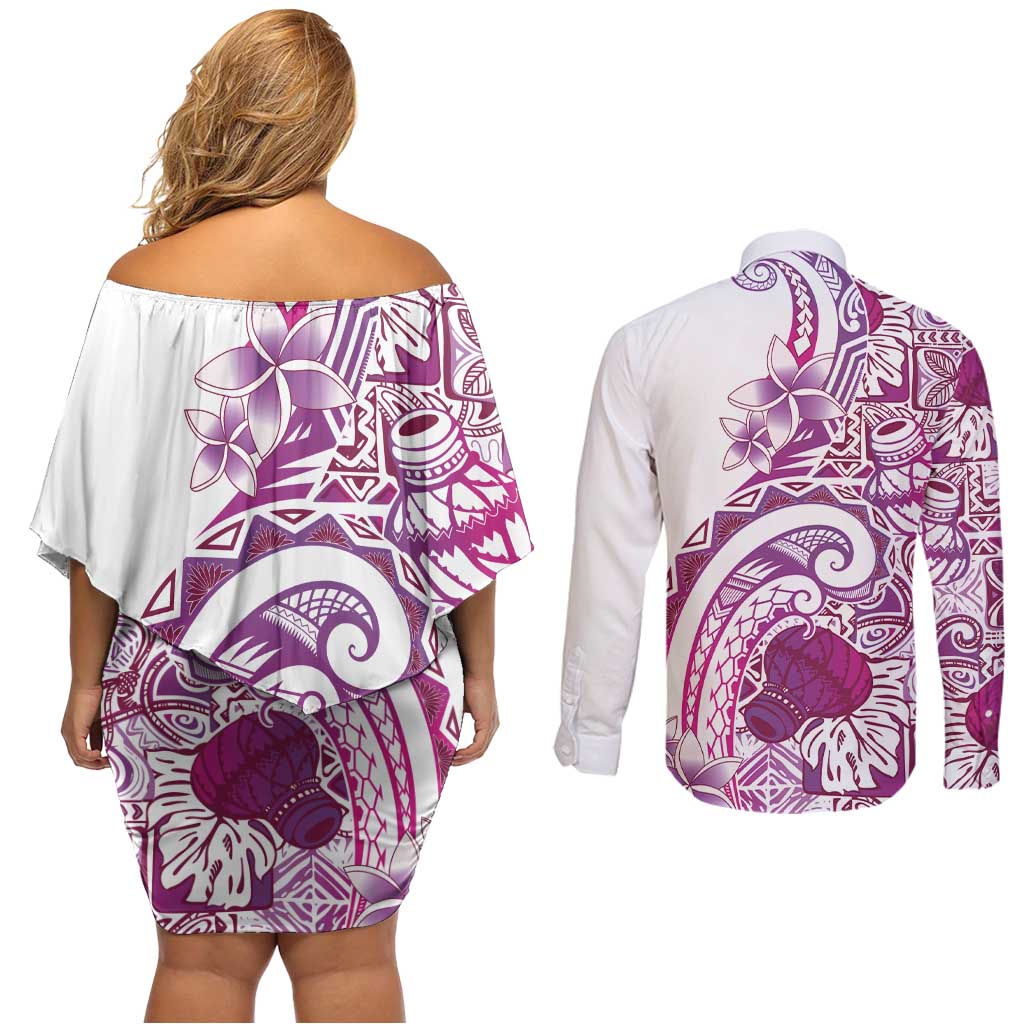 Aloha Hawaii Tapa Couples Matching Off Shoulder Short Dress and Long Sleeve Button Shirt Vibrant Fuchsia Hawaiian Ipu LT7 - Polynesian Pride