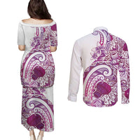 Aloha Hawaii Tapa Couples Matching Puletasi and Long Sleeve Button Shirt Vibrant Fuchsia Hawaiian Ipu LT7 - Polynesian Pride
