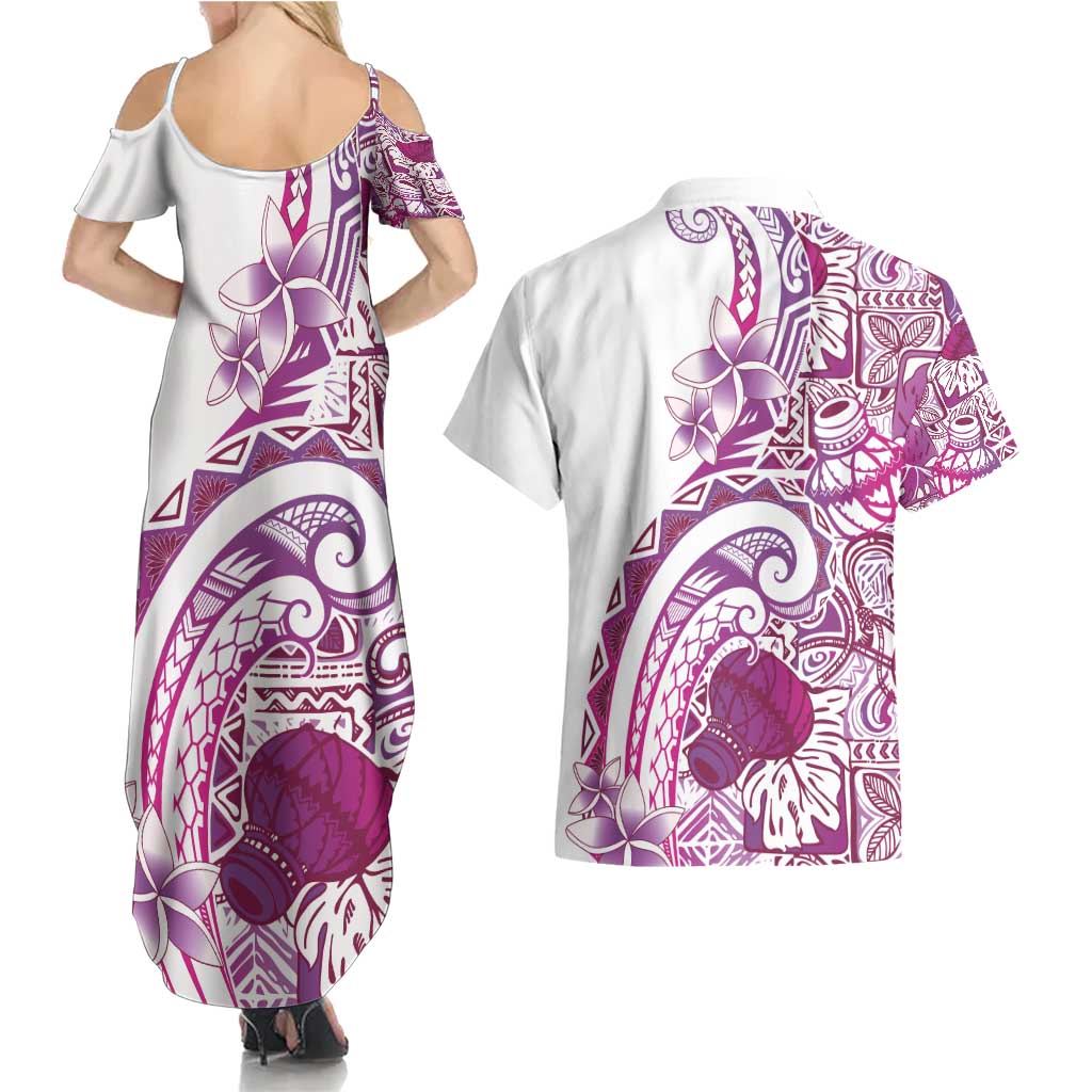 Aloha Hawaii Tapa Couples Matching Summer Maxi Dress and Hawaiian Shirt Vibrant Fuchsia Hawaiian Ipu LT7 - Polynesian Pride