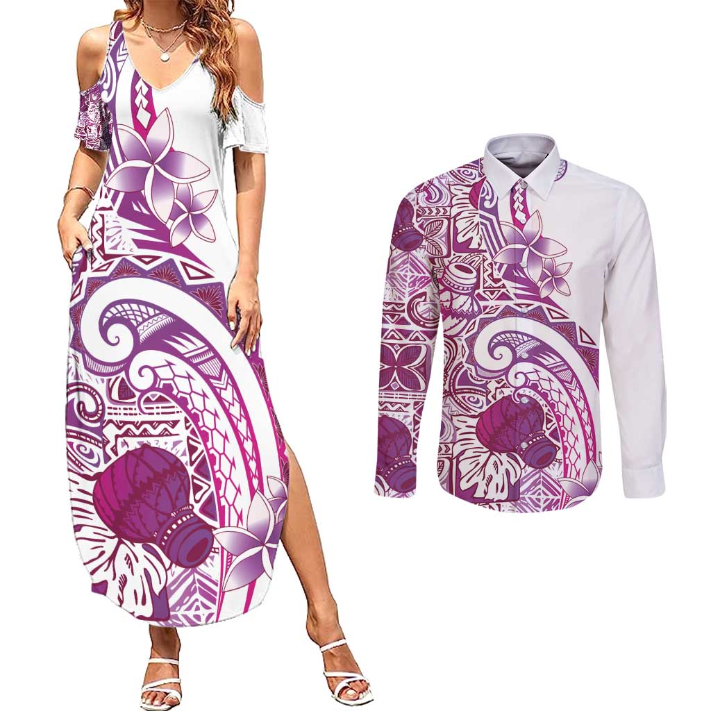 Aloha Hawaii Tapa Couples Matching Summer Maxi Dress and Long Sleeve Button Shirt Vibrant Fuchsia Hawaiian Ipu LT7 Fuchsia - Polynesian Pride