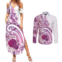 Aloha Hawaii Tapa Couples Matching Summer Maxi Dress and Long Sleeve Button Shirt Vibrant Fuchsia Hawaiian Ipu LT7 Fuchsia - Polynesian Pride