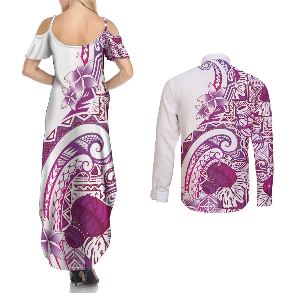 Aloha Hawaii Tapa Couples Matching Summer Maxi Dress and Long Sleeve Button Shirt Vibrant Fuchsia Hawaiian Ipu LT7 - Polynesian Pride