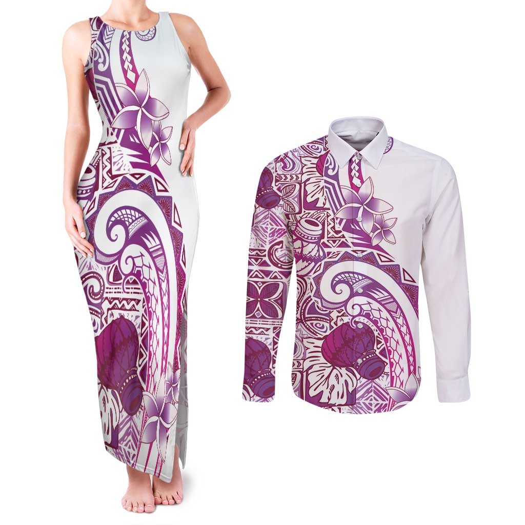 Aloha Hawaii Tapa Couples Matching Tank Maxi Dress and Long Sleeve Button Shirt Vibrant Fuchsia Hawaiian Ipu LT7 Fuchsia - Polynesian Pride