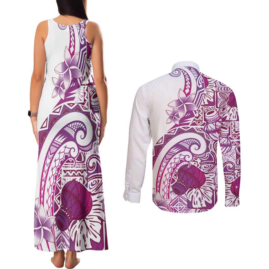 Aloha Hawaii Tapa Couples Matching Tank Maxi Dress and Long Sleeve Button Shirt Vibrant Fuchsia Hawaiian Ipu LT7 - Polynesian Pride