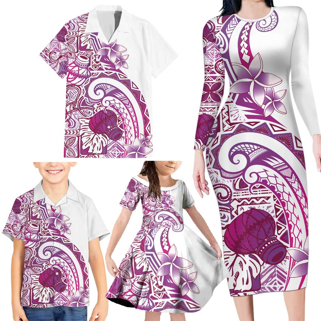 Aloha Hawaii Tapa Family Matching Long Sleeve Bodycon Dress and Hawaiian Shirt Vibrant Fuchsia Hawaiian Ipu LT7 - Polynesian Pride