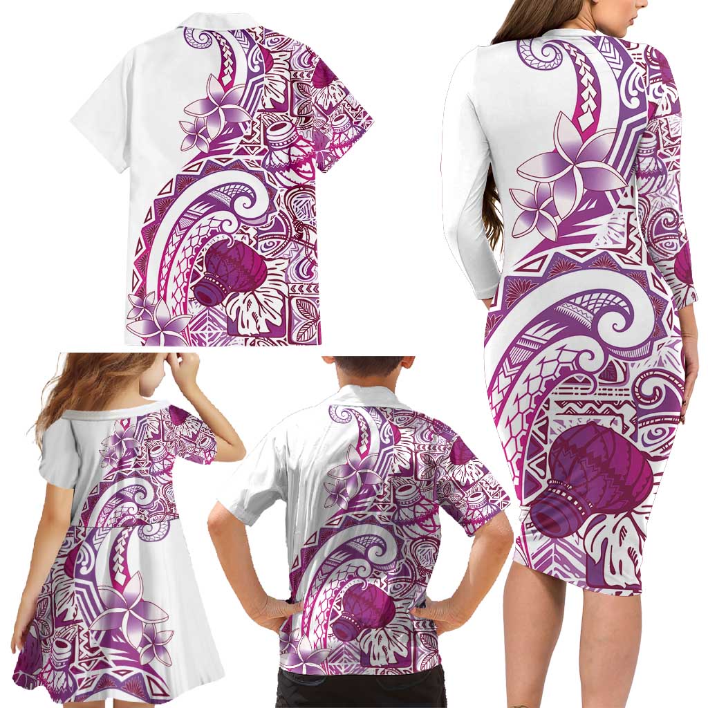 Aloha Hawaii Tapa Family Matching Long Sleeve Bodycon Dress and Hawaiian Shirt Vibrant Fuchsia Hawaiian Ipu LT7 - Polynesian Pride