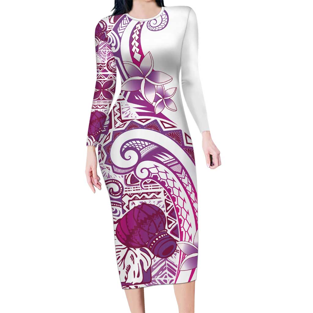 Aloha Hawaii Tapa Family Matching Long Sleeve Bodycon Dress and Hawaiian Shirt Vibrant Fuchsia Hawaiian Ipu LT7 Mom's Dress Fuchsia - Polynesian Pride