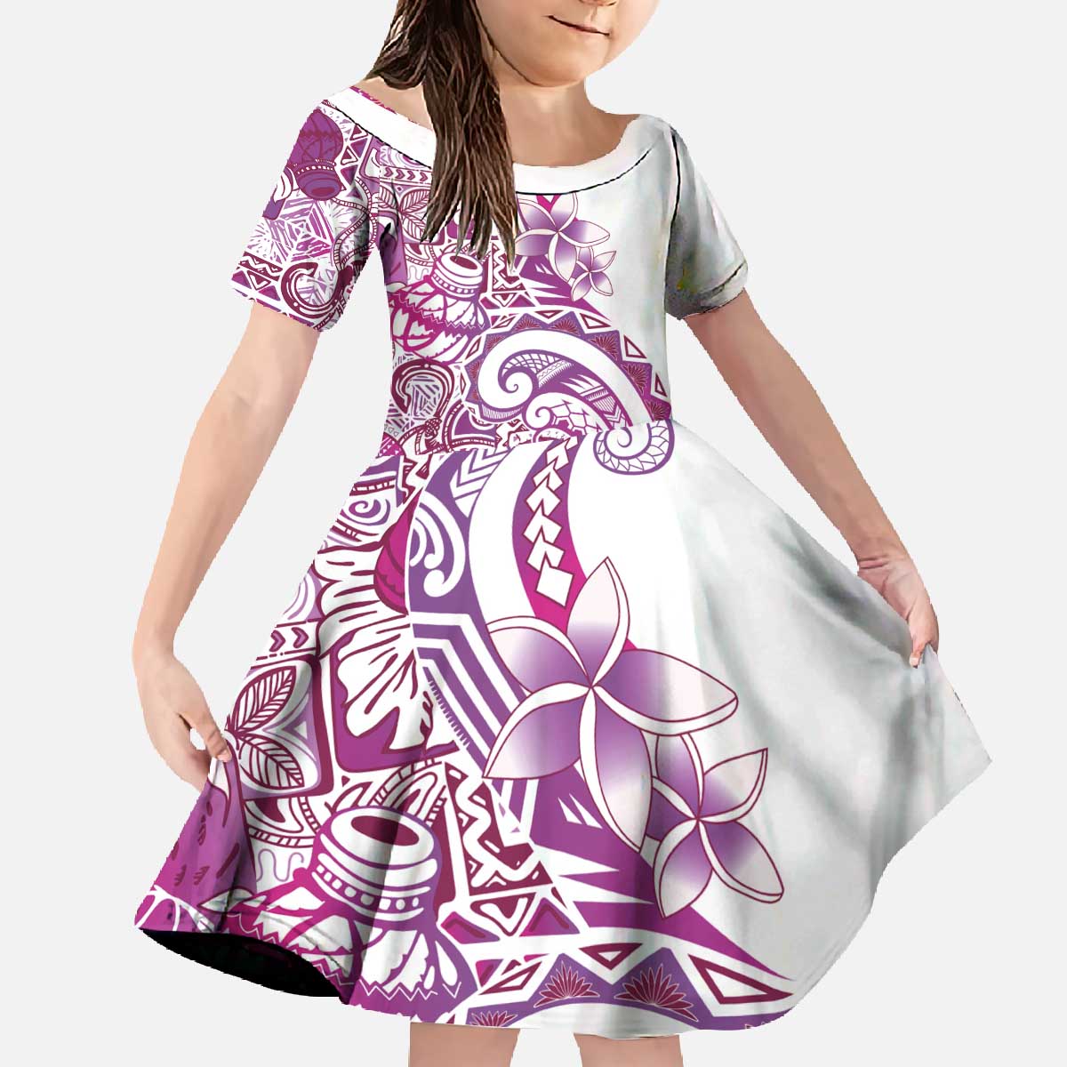 Aloha Hawaii Tapa Family Matching Off The Shoulder Long Sleeve Dress and Hawaiian Shirt Vibrant Fuchsia Hawaiian Ipu LT7 Daughter's Dress Fuchsia - Polynesian Pride