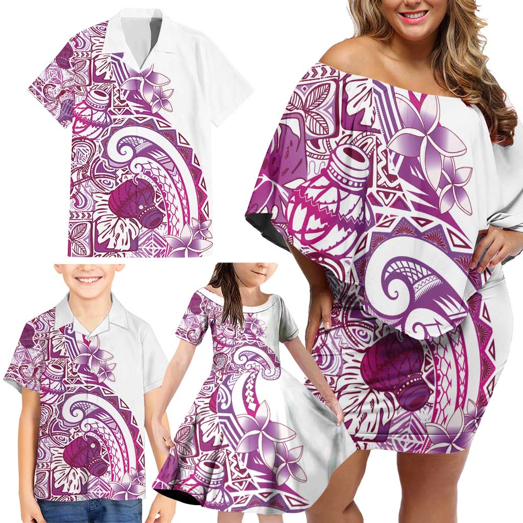 Aloha Hawaii Tapa Family Matching Off Shoulder Short Dress and Hawaiian Shirt Vibrant Fuchsia Hawaiian Ipu LT7 - Polynesian Pride